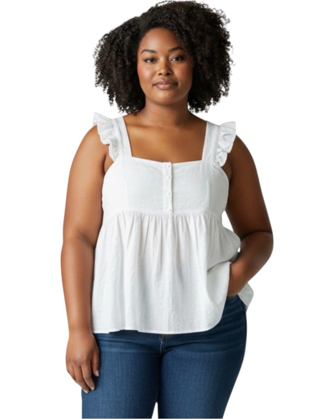 NWOTS Sunlaced Ruffled Strap Tank Top in White Linen blend, Sz XL